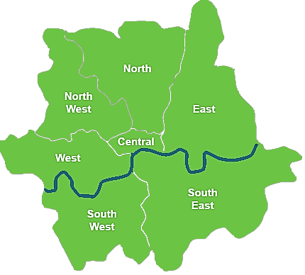 Map of London areas covered: North, North West, West, Central, East, South East and South West